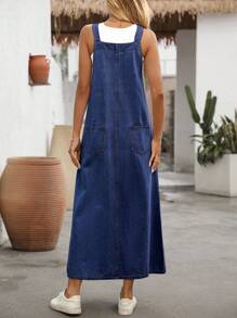 EMERY ROSE Women's Button Half-Placket Pocket Casual Denim Pinafore Dress - Blue - View 2