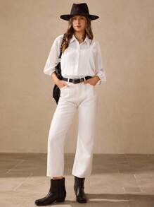 Wildy Blusa blanca de mujer con botones para uso casual en la oficina, camisa de manga larga de color blanco sólido, versátil y casual para mujeres, ideal para salir, fiestas, otoño y maestras - Blanco - Ver 3