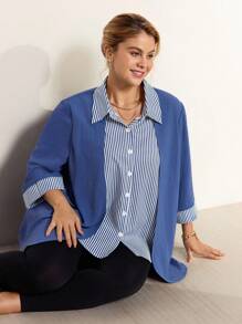 Momelise 大码条纹拼布长袖开衫，纽扣长袖二合一衬衫上衣，秋冬