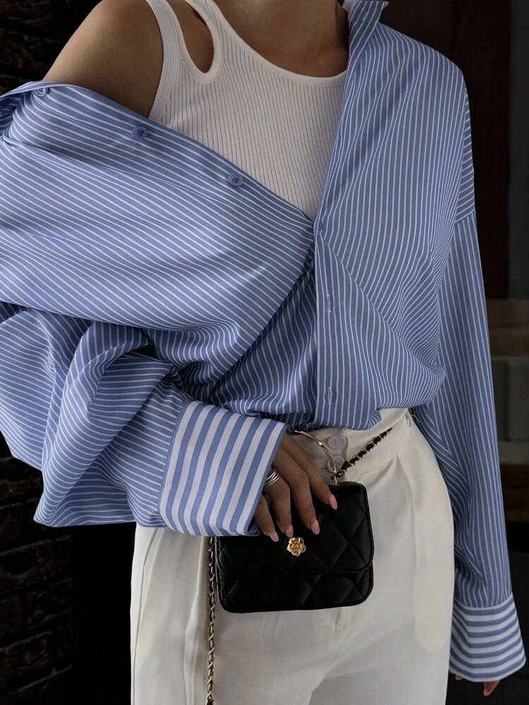 Women's Casual Commuter Striped Long Sleeve Dropped Shoulder Loose Blouse Fall Tops