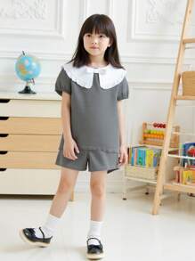 SHEIN 2pcs/Set Young Girls Elegant Blouse & Pants Set Young Girl Summer Outfits Young Girl Grey Outfits Girls Ruffle Collar Outfit Back To School Uniform - Grey - View 2