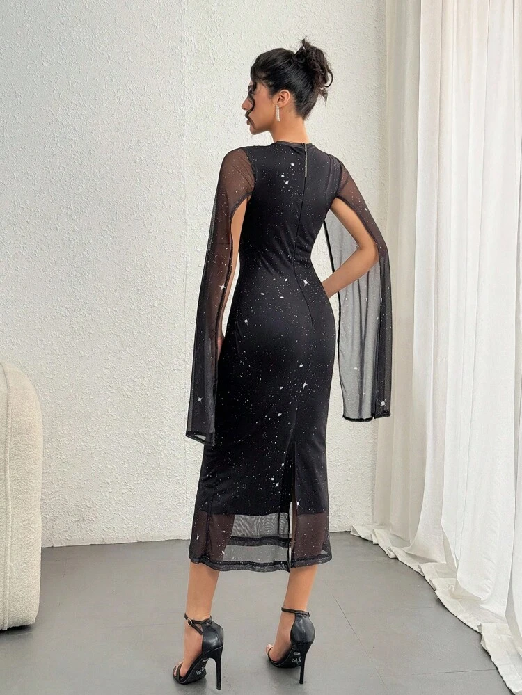 Women's Patchwork Split Long Sleeve Midi Dress, Autumn,Fall Women Clothes Luxury Prom Dress Sequin New Year Eve Dress Sparkly Dress