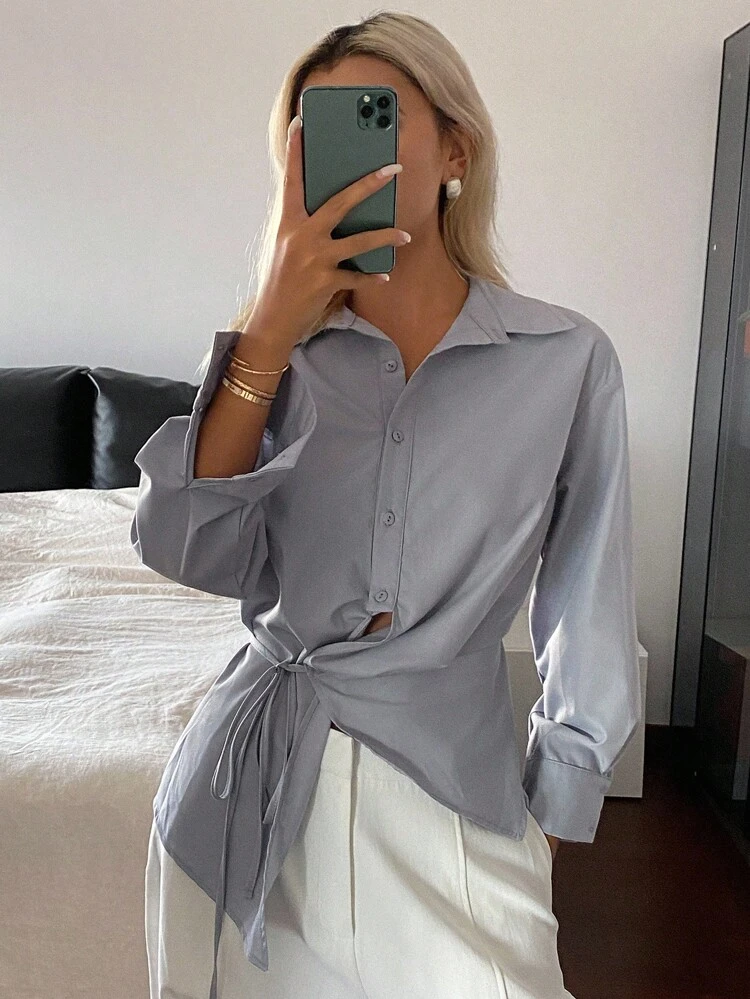 Women's Casual Solid Color Asymmetric Tie Shirt, Autumn,Fall Women Clothes Long Sleeve Top