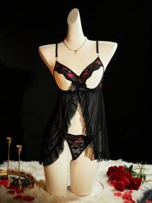 SpicyHot 2pcs Women's Sexy Lace & Mesh Nightgown Set, Going Out - Black - View 8