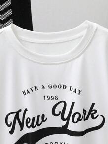 2 pezzi/Set Maglietta a maniche corte con stampa di lettere in stile vintage americano e pantaloncini casual con stampa numerica in stile americano, per ragazzi, Primavera/Estate