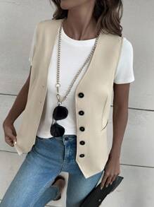Leighera Button Front Vest Jacket Without Tee - Apricot - View 1