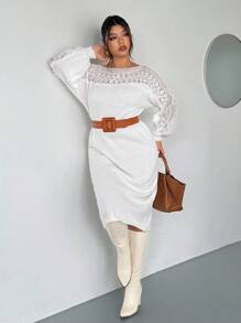 Firerie Vestido de suéter de encaje y parches de talla grande para mujer en otoño/invierno - Albaricoque - Ver 4