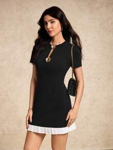 House of One Round Neck Elegant Sleeveless Fitted Black Dress With Button Decoration Women Spring Autumn Black Dress Women Short Sleeve Dress Collared Dress Women Mini Dress Fall Outfits Business Professional Women Business Casual Woman