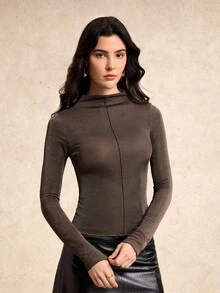 House of One Glittery Knit Draped Neck Long Sleeves Fitted Top Women Casual Autumn Winter