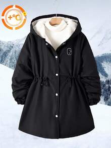 SHEIN Explorewe 少女休闲简约加厚连帽外套，胸前字母刺绣，松紧腰带，适合秋冬季外出、上学、通勤、旅行 - 黑色 - 查看 3