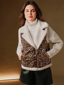 Anewsta Women's Leopard Print Composite Vest Jacket, Everyday Autumn, Fall, Winter , Work, Party, Wedding, Chic New Year - Black and White - View 7
