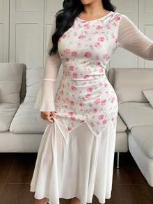 Modelyn 女式圆领喇叭袖印花修身喇叭连衣裙，春夏 - 彩色 - 查看 4