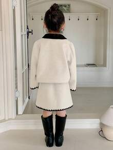 DAZY 2件套年轻女孩长袖翻领夹克和迷你裙套装 - 杏色 - 查看 2