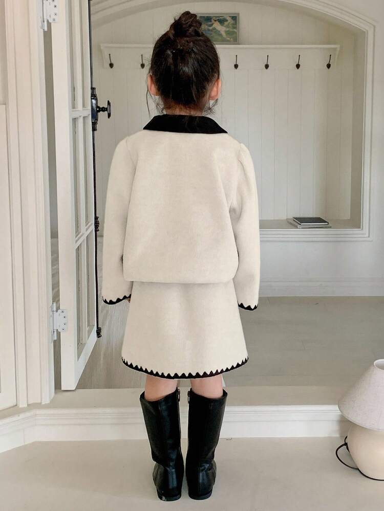 2pcs/Set Young Girls Collared Long Sleeve Jacket And Mini Skirt Outfit