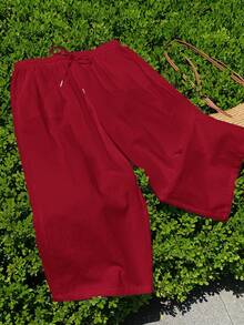 Comfortcana 大码女式休闲百搭红色长裤，100%纯棉，秋季度假必备 - 紅色 - 查看 4