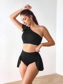 Menodora SHEIN Sport Damska jednokolorowa bluzka z jednym ramieniem i krótkim rękawem oraz spódniczkami, inne stroje do tańca