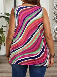 SHEIN EMERY ROSE CURVE Plus Size Women's Button Design V-Neck Striped Casual Loose Tank Top - Multicolor - View 2