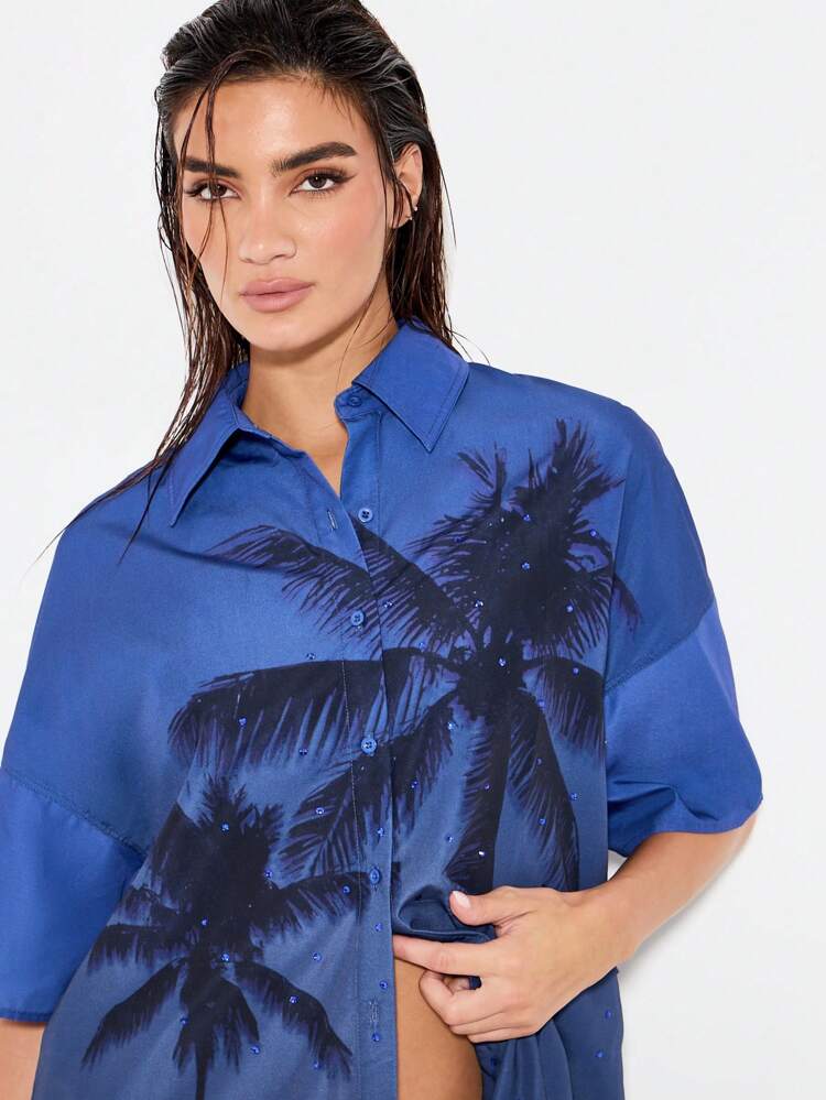 KIZN Palm Tree Print Button Down Shirt With Crystals
