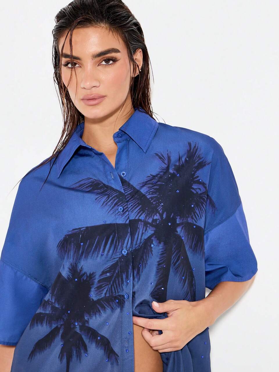 Oversized Palm Tree Print Button Down Beach Shirt Resort Wear Summer Vacation Holiday Night Party Cover Up Diamante Crystal Embellished Hawaian Blouse