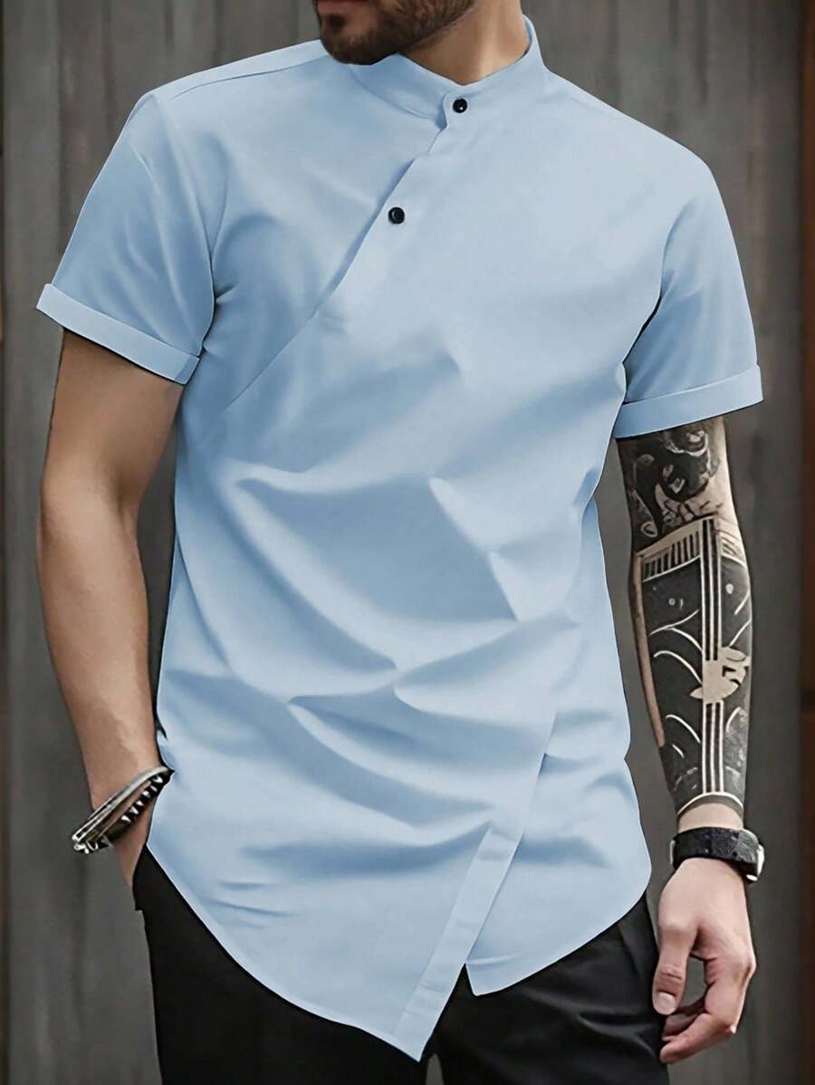 Manfinity Homme 男士夏季休闲纯色不对称裹身衬衫 - 藍色 - 查看 1