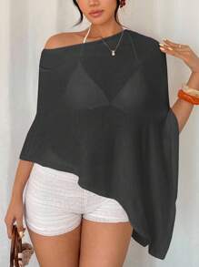 Breezaya 女士休闲纯色针织不对称设计宽松薄款毛衣，春夏秋冬蝙蝠袖不对称上衣