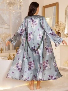 LuxeNights Floral Printed Satin Cami Slip Dress And Robe Pajama Set, Fall Clothes