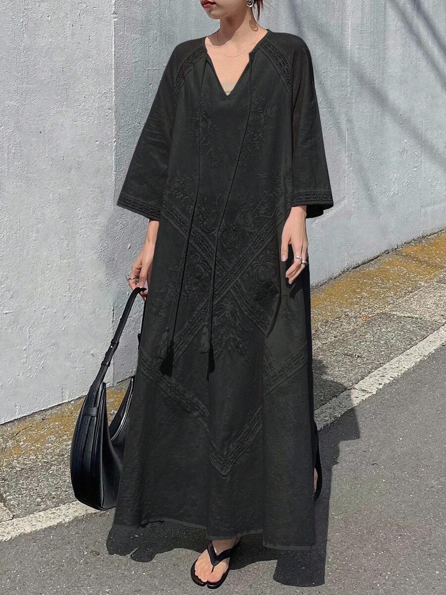 FRIFUL 女士全蕾丝刺绣袖口拼接网纱刺绣A字连衣裙，纯色休闲节日连衣裙，适合音乐节、毕业典礼 - 黑色 - 查看 1