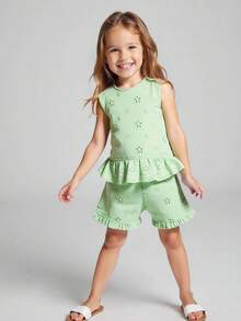 Maija Kids 2件套少女荷叶边圆领背心和短裤套装 - 軍綠色 - 查看 3