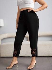 Firerie Plus High Waist Lace Panel Trousers - Black - View 4