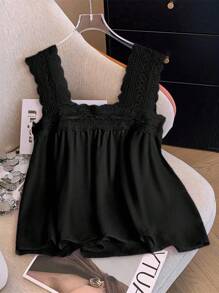 GlowEve CURVE 加大码女式蕾丝拼接白色领口无袖上衣，宽松荷叶边镂空优雅可爱衬衫，适合春夏季 - 黑色 - 查看 2