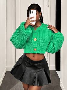 BamGleam Damen Rundhals Einreiher Drop-Shoulder Langarm Lässige Lose Strickjacke - Grün - Übersicht 4