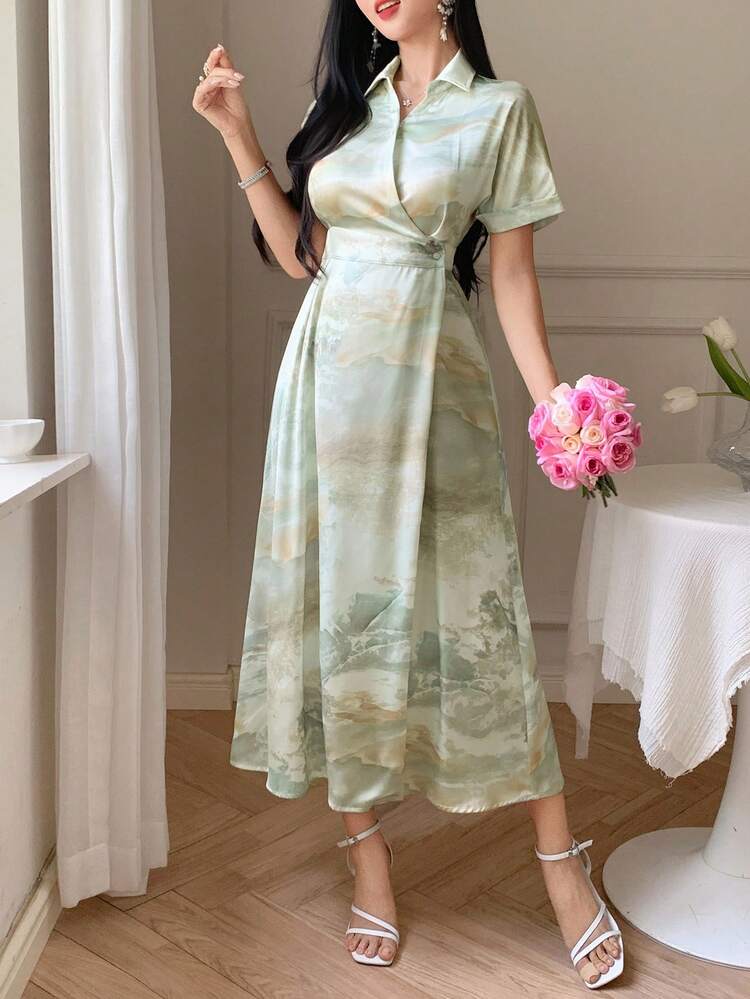 Women's Elegant Marble Print Mid-Length Dress, Summer Dress