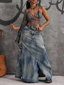 Jeanoix Chân váy Maxi denim cỡ lớn có túi tiện dụng dành cho nữ - Màu xanh lam - Xem 3