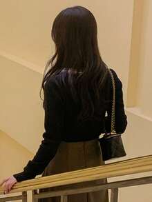 DAZY French Retro Elegant Bow V-Neck Short Knit Sweater Fall Plaid - Black - View 2