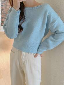 DAZY Áo len mỏng trễ vai màu trơn thu đông - Màu xanh lam - Xem 5