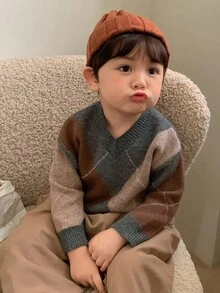 DAZY Toddler Boys' Rhombus Pattern Contrast Color V-Neck Casual Knit Sweater, Spring/Autumn