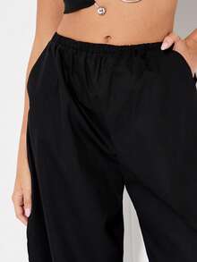 KIZN 阔腿松紧腰阔腿裤晚装休闲裤舒适宽松飘逸旅行夏秋季度假休闲场合下装 - 黑色 - 查看 4