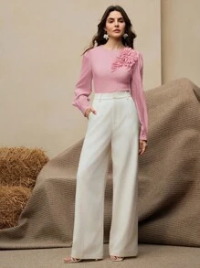 Anewsta Elegant Fashion Design Loose Long Sleeve Shirt, 3D Applique Women's Pink Blouse - Pink - View 5