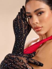 SHEIN SXY Fashionable Elegant Rhinestone Hollow Sleeve Cuffs