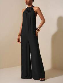 Zivah Beach New Spring And Summer Leisure Vacation Daily Commuting Halter Neck Round Neck Sleeveless Ultra-Loose Wide-Leg Plus-Length Pants Women's Jumpsuit - Black - View 7