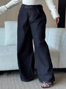 Dazy Plus Dark Wash Blue Waistband Patchwork Drawstring Straight Leg Long Jeans, All Season Baggy Jeans