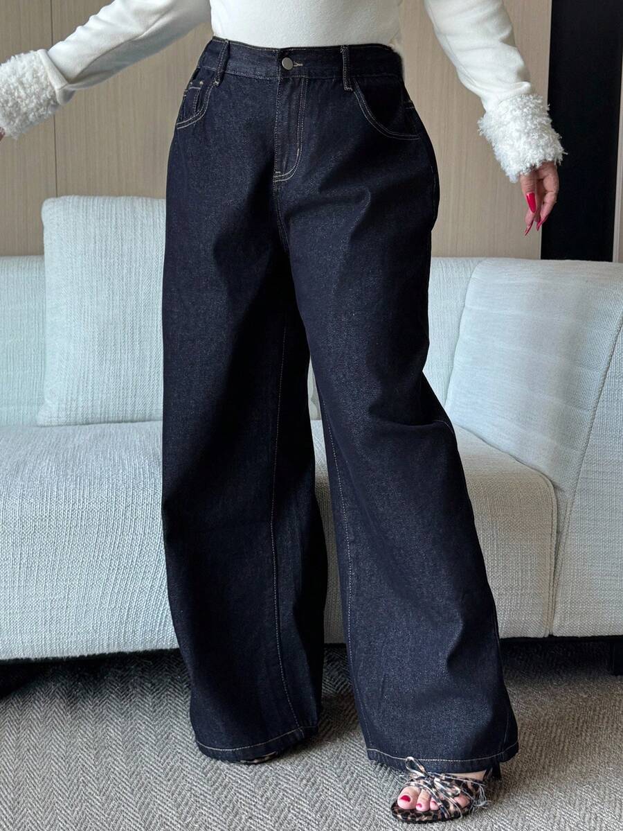 Dazy Plus Dark Wash Blue Waistband Patchwork Drawstring Straight Leg Long Jeans, All Season Baggy Jeans