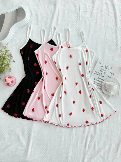 SHEIN Dream Adore 3件套草莓印花吊带睡袍套装