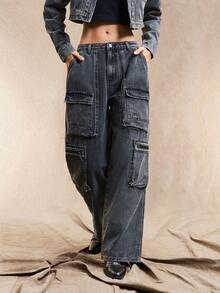 Easelle 女式宽松工装口袋阔腿休闲牛仔裤 - 黑色 - 查看 4