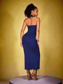 INAWLY Vestito lungo e attillato da donna con scollo a V profondo, color tinta unita, sexy e allungante, con collo alto - Blu Navy - Visualizzare 2