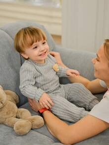 Souflis 2pcs Baby Boys' Cute Gray Ribbed Teddy Bear Graphic Long Sleeve Top And Gray Ribbed Pants Set, Autumn/Winter Toddler Sleep Wear Warm Jumpsuit For Baby Boy Fall - Grey - View 4
