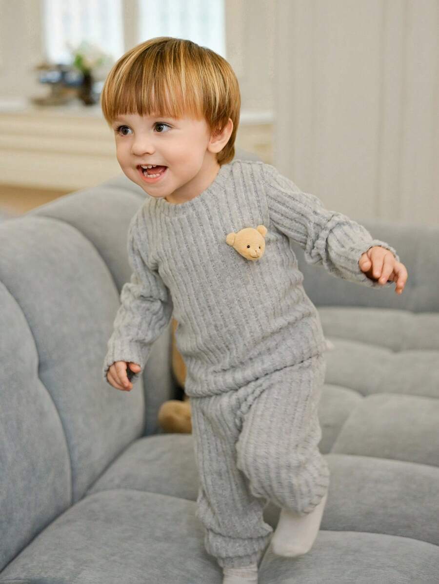 Souflis 2pcs Baby Boys' Cute Gray Ribbed Teddy Bear Graphic Long Sleeve Top And Gray Ribbed Pants Set, Autumn/Winter Toddler Sleep Wear Warm Jumpsuit For Baby Boy Fall - Grey - View 1