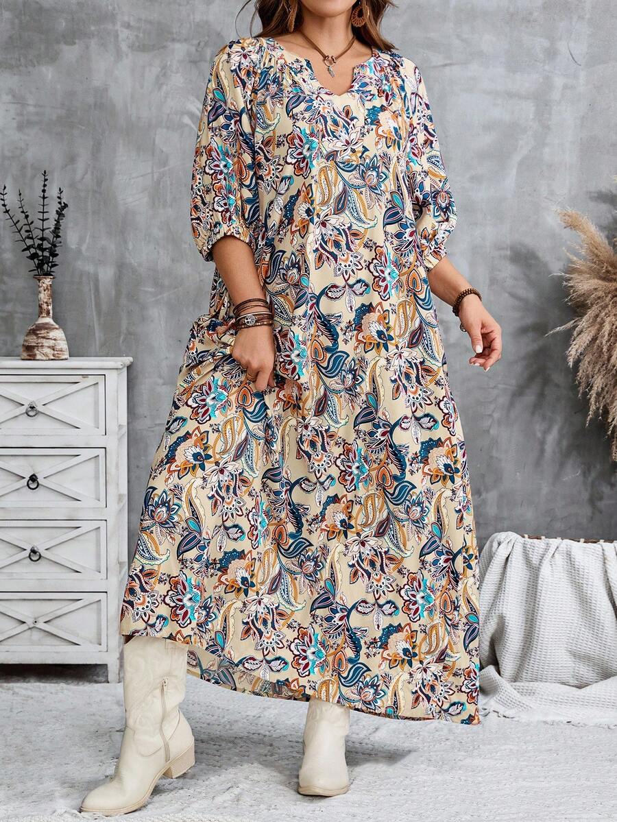 EMERY ROSE Plus Size Casual Vacation All-Over Print Notched Neck Dress Autumn, Fall Women's Dress Plus Size Boho Dress Plus Size Paisley Dress - Apricot - View 1