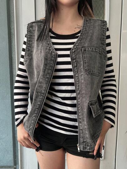 FRIFUL 女式休闲水洗无袖牛仔上衣