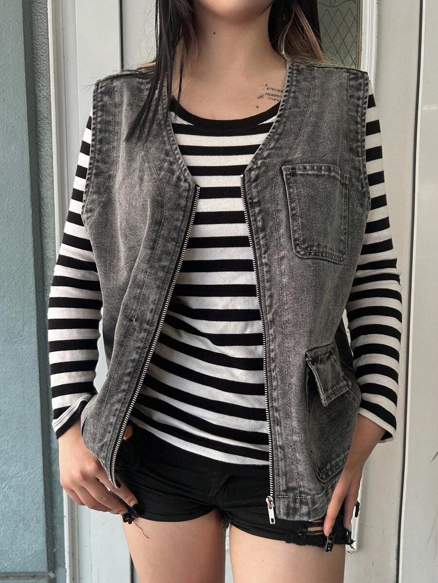 FRIFUL 女式休闲水洗无袖牛仔上衣 - 灰色 - 查看 1